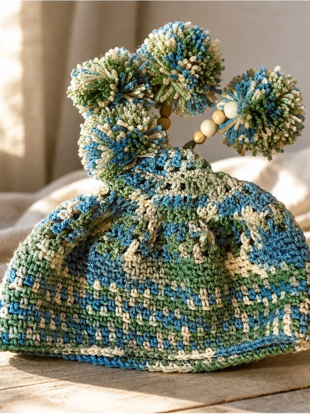 One-of-a-Kind Handcrafted Hippie Crochet Pom-Pom Hat Boho Beanie Wood Beads